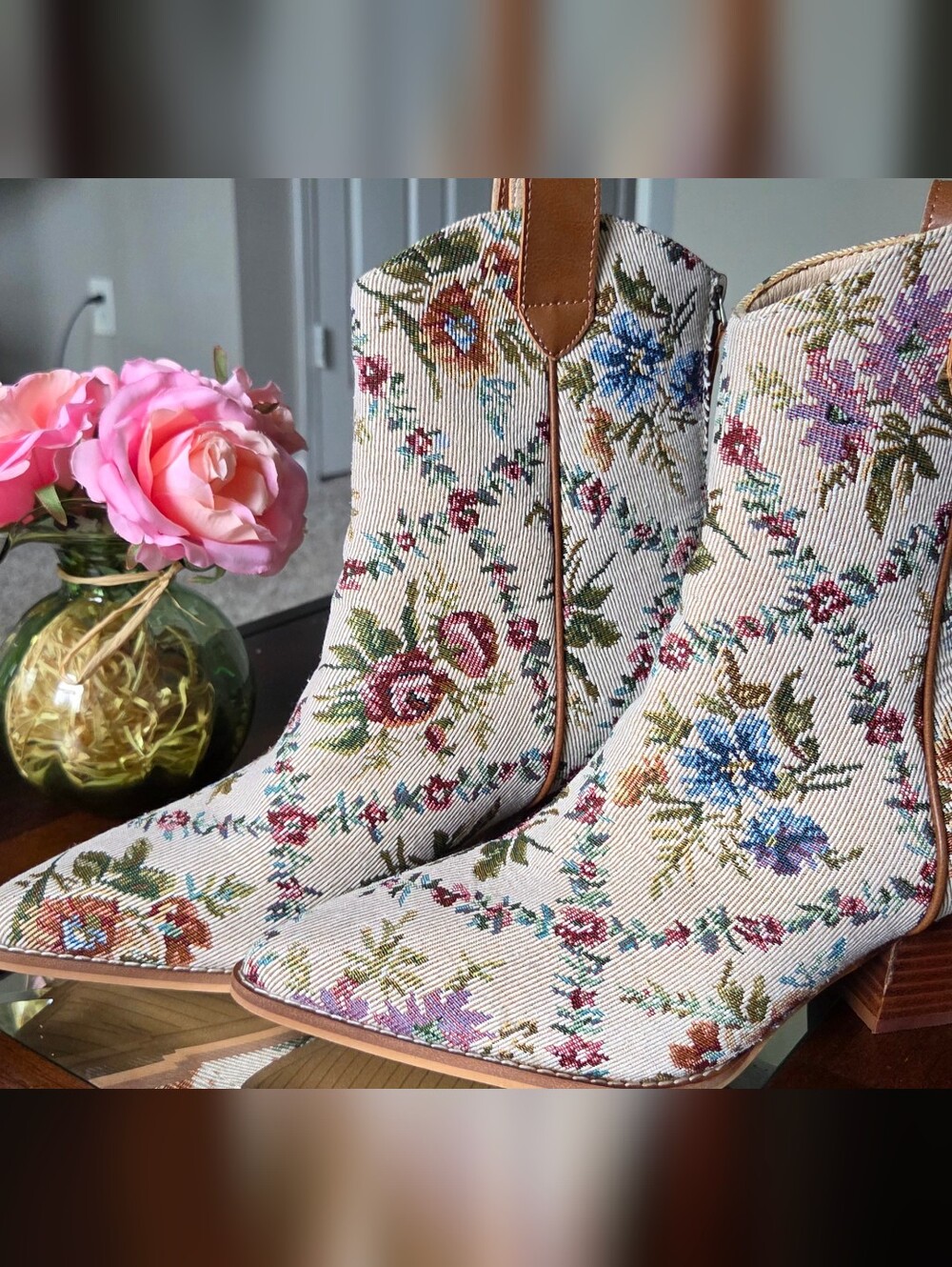 BRAND NEW Altar'd State Floral Tapestry Ankle Boots - Cream Background